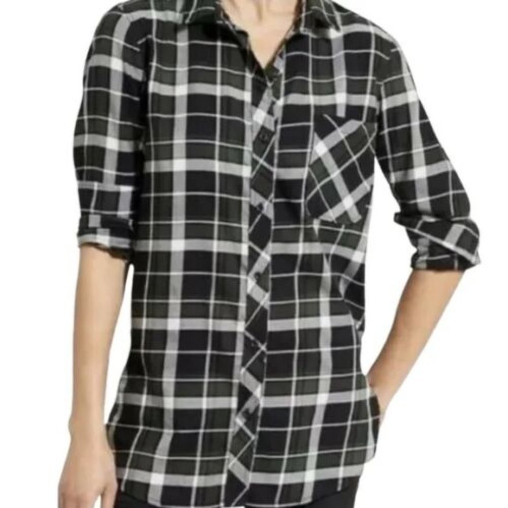 Athleta Sierra Plaid Oversized Boyfriend Button Down Collared Shirt Sz MedPetite